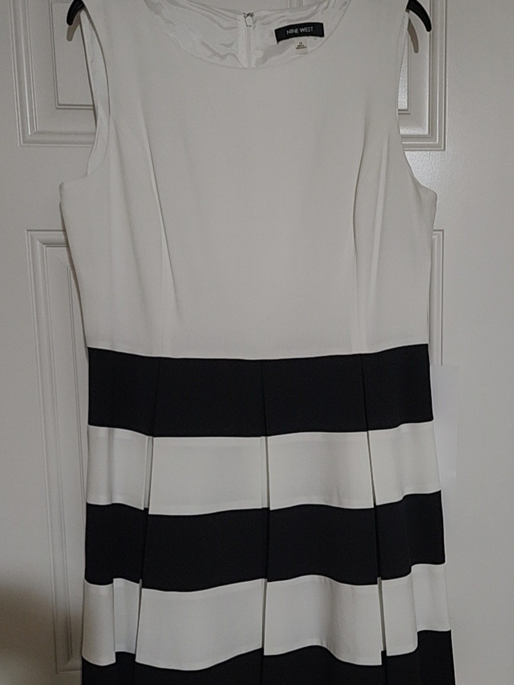 Nine West White and Black Striped Pleated Sleeveless Fit-and-Flare Dress